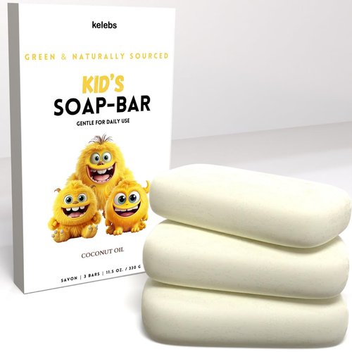 KELEBS Hypoallergenic Kids Soap Bar 3-Pack - Organic & Gentle Coconut oil Body Wash for Children - Natural Ingredients, Fun Bath Time