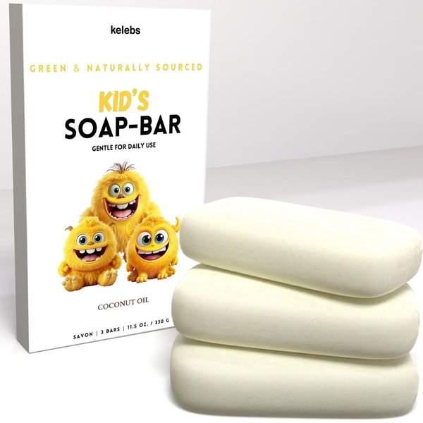 KELEBS Hypoallergenic Kids Soap Bar 3-Pack - Organic & Gentle Coconut oil Body Wash for Children - Natural Ingredients, Fun Bath Time