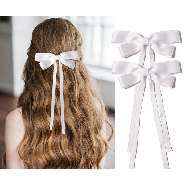 Furling Pompoms 2pcs Hair Ribbon Bows for Women,White Ribbons Clip for Girls,Hair Tassel Alligator Clip,Hair Ribbon Hair Bows,Pony-tail Bow Barrette Accessories