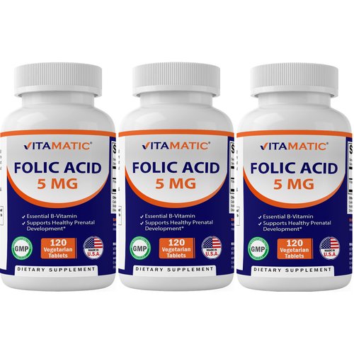 Vitamatic 3 Pack Folic Acid 5mg (5000 mcg) - 120 Vegetarian Tablets - (Vitamin B9 Folate) (Total 360 Tablets)