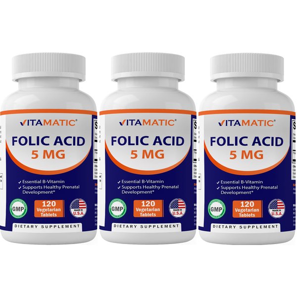 Vitamatic 3 Pack Folic Acid 5mg (5000 mcg) - 120 Vegetarian Tablets - (Vitamin B9 Folate) (Total 360 Tablets)