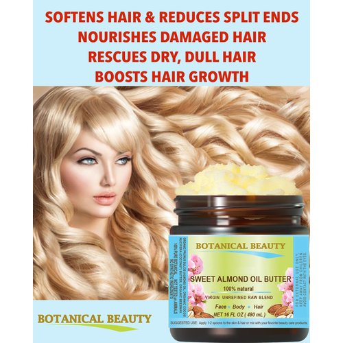 Botanical Beauty SWEET ALMOND OIL BUTTER Pure Natural Virgin Unrefined RAW 8 Fl. Oz.- 240 ml for FACE, SKIN, BODY, DAMAGED HAIR, NAILS.
