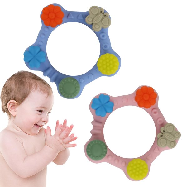 2 Pack Teething Toys for Babies 0-6-12-36 Months, Best Teething Relief Soft Baby Teether Rings Baby Sensory Chew Toy,BPA Free Silicone Teethers for Babies,Baby Infant Girls Boys Gift（Pink＆Blue）