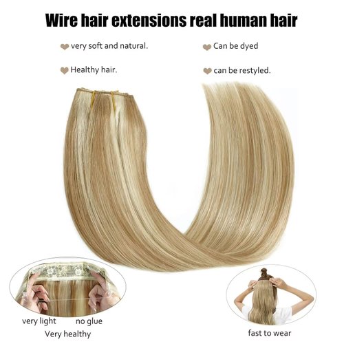 Ugrace Hair Clip In Hair Extensions Real Human Hair Wire Hair Extensions One Piece Clip in Hair Extensions with Invisible Fish Line For women Straight Hair(14 inch, Highlight Color P16/613)