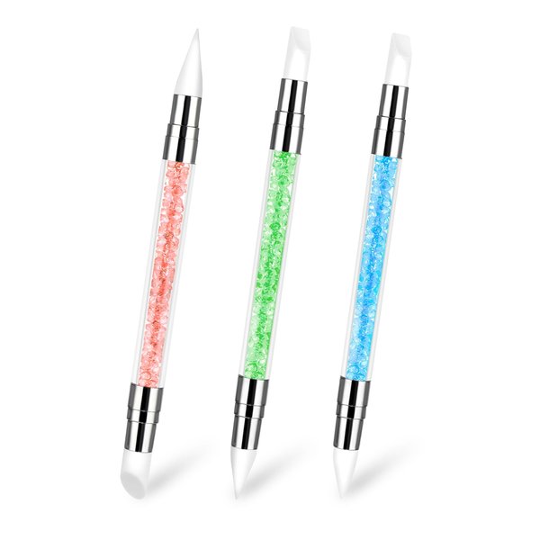 3 Pcs Nail Art Sculpture Pen, Dual Tipped Silicone Nail Tools, Silicone Head Acrylic Handle Nail Art Brushes, Rhinestone Nail Polish Carving Pen, Nail Art Tools for Home Salon(Blue, Green, Orange)