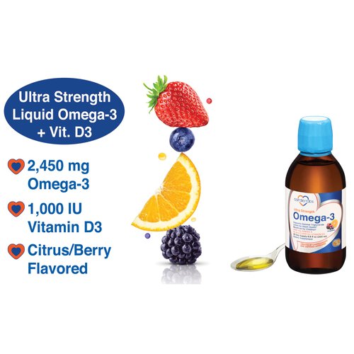 CardioTabs Ultra Strength Liquid Omega-3 + Vitamin D3, Fish Oil Supplements 4,500mg Omega-3 Marine Oil from Fish Oil and Calamarine, 2,130mg DHA and EPA, + 1,000 IU of Vitamin D3-6.8 fl oz