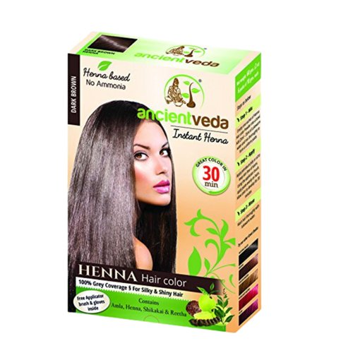 Ancientveda Henna Hair Color | Instant Henna with Applicator Brush & Gloves | Organic hair Nourishment color Peroxide free | Natural ingredients Safe for all hair types - (60 Grams - Dark Brown)