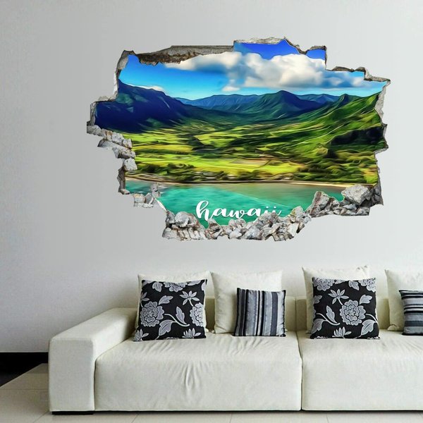 COCOKEN American Hawaii Painting Art Hawaii Natural View 3D Wall Stickers Mural Wall Art Removable Poster Vinyl Decals for Bedroom Living Room Nursery Office Shop 24 X 16 Inch