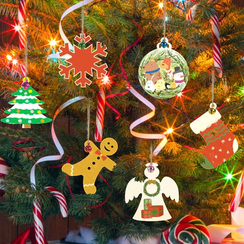 3 otters 100PCS Wooden Christmas Ornaments Unfinished Set with 100PCS Christmas Mini Bells, 12 Color Pens, 100PCS Jute Twines, Wooden Slices Ornaments for Christmas Decoration and DIY Craft Making Kit