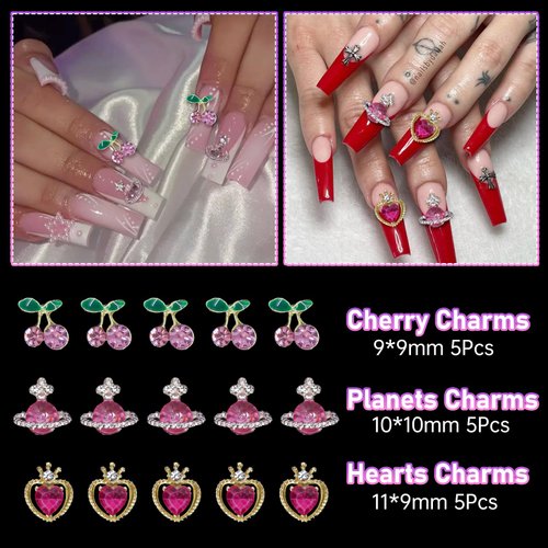3D Assorted Pink Color Bear Candy Nail Charms Acrylic Heart Flower Bowknots Butterfly Nail Charms Alloy Planet Heart Cherry Nail Gems Charms Pearls Nail Charms for Nail Art DIY Accessories