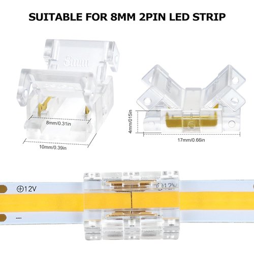 YUTOKEER COB LED Strip Connector Set - Seamless 2-Pin 8mm Connections, Easy Installation, Durable and Reusable for Professional and DIY Use