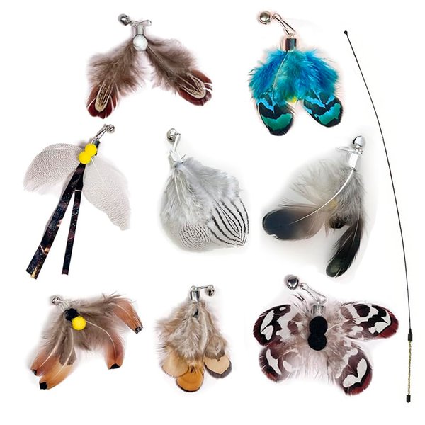 Cat Feather Toy Wand,Cat Wand Toy Lures Feather Refills,Set of 8 Insect Replacement Heads with Bells,Natural Feather Interactive Cat Toys for Indoor Cats (8pcs Refills)