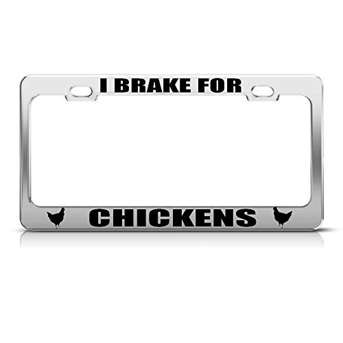 Speedy Pros Metal License Plate Frame I Brake for Chickens Chrome Tag Border Car Accessories Chrome 2 Holes 1 Frame