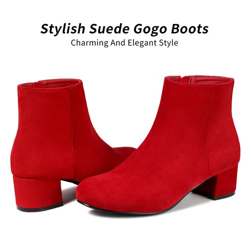 CAMSSOO Women's Suede Booties Low Mid Block Heel Ankle Boots Slip On Side Zippers Round Toe Short Boots Red Faux Suede US8.5 CN40