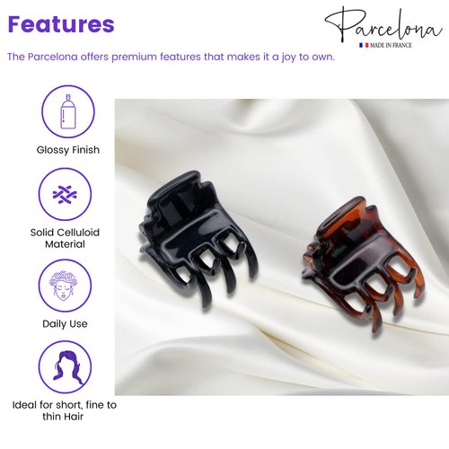 Parcelona French Glossy Square Very Small 3/4" Celluloid Set of 2 No Slip Grip Covered Spring Jaw Hair Claw Durable Styling Hair Accessories Women Strong Hold Girls Hair Claw Clips, Made in France
