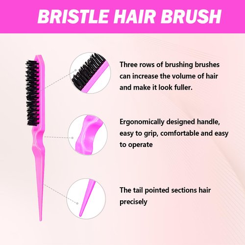 DAN Technology Hair Styling Set - 3 Pieces Teasing Comb, Rat Tail Comb, and Edge Brush for Slicking Baby Hair & Flyaways - Pink