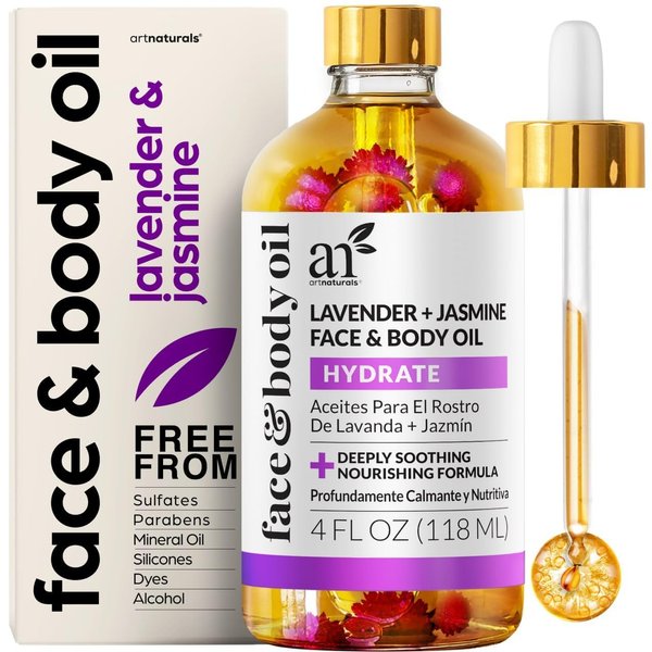 Artnaturals Organic Lavender + Jasmine Face Oil 4.0oz - for Body & Hair - 100% Natural, Moisturize, Rejuvenate & Enhance your skin - Anti-Aging Moisturizer Facial Oil for Fine Lines, Scars & Wrinkles