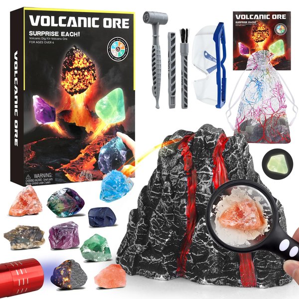 Woumserta Volcano Dig Kit - 10 Rocks Excavation Kit, Gemstone Rocks for Kids, Fossil Volcano Toys Dig Kits for Rocks Collection, Volcano Toys for Boys Girls and up Year Old Birthday Gifts