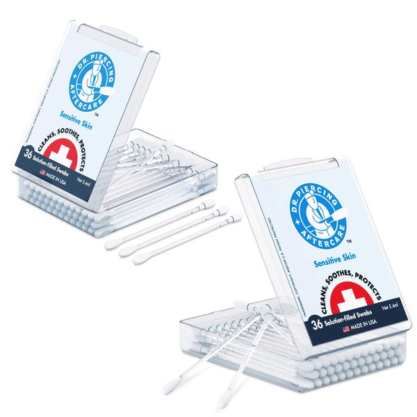 Dr. Piercing Aftercare Swabs - Saline Solution for Piercings - Earring Nose Belly Ear Piercing Cleaner - Saline Wash, Ear Hole Cleaner – Piercing Aftercare Formula - 72 swabs (2-pack)