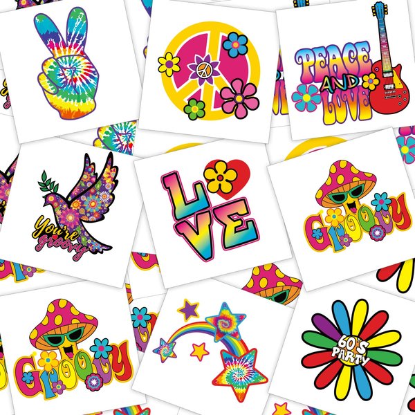 Chinco 144 Pcs Hippie Temporary Tattoo Stickers for Kids 70s 80s 90s Groovy Hippie Tattoos Waterproof Hippie Face Tattoos Love and Peace Sign Temporary Tattoos Decals for Tie Dye Hippie Party Favors