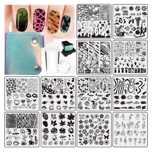 VNC Nail Stamping Plates Set 12pcs Nail Plates 1 nail art stamper 1scraper 1storage bag Nail Art plate Template Image Plate Stencil Nails Tool Set