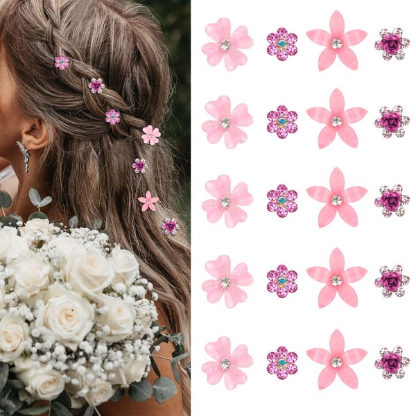 YISSION 20Pcs Mini Flower Hair Clips Cute Rhinestone Hair Pins Small Decorative Hair Clips Wedding Hair Barrettes Pink Flower Hair Clips Bridal Hair Accessories for Girls Women (4 Flower Pattern)
