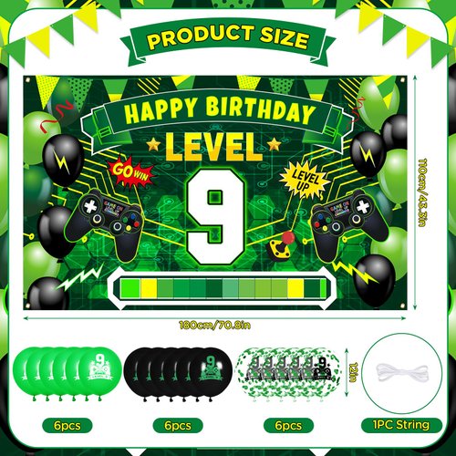 Level 9th Birthday Video Game Party Decorations Green Black Happy 9th Birthday Level Up Banner with 18Pcs Level 9 Game Theme Balloons for Boys Girls Game Party 9 Years Old Birthday Party Supplies