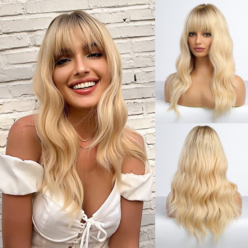 HAIRCUBE Long Wave Blonde Wigs With Bangs,Ombre Blonde Curly Wigs for Women Heat Resistant Synthetic Wigs