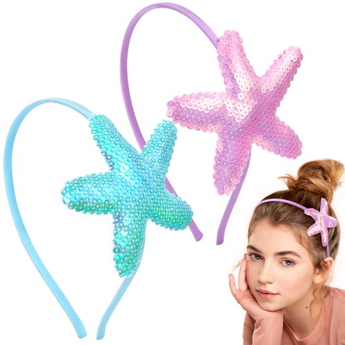 CustomyLife 2pcs Mermaid Starfish Headband for Girls, Non-Slip Glitter Sequin Hair Band, Sparkly Sea Star Hair Accessories for Birthday Cosplay Show Christmas Halloween-Purple & Blue