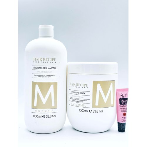 Maxy Look Hair Recipe Feed Your Hair MacademIa Hydrating Shampoo & Mask1000 ml /33.8 fl oz + Hydrating Crystal Oil 3.38 fl oz + Hydrating Treatment Ampoules 12x7ml- Free Starry Lip Gloss 10ml-, Clear