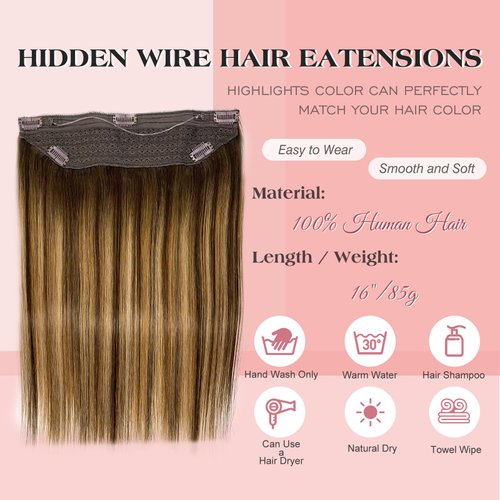 Royaomis Halo Hair Extensions Real Human Hair Halo Extensions for Women Wire Hair Extensions with Transparent Adjustable Headband Size 5 Secure Clips Straight Invisible Fish Line Hairpiece（16-#BM）