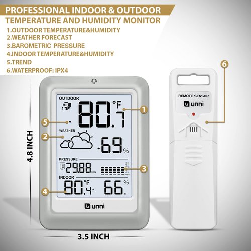 Indoor Outdoor Thermometer Hygrometer Wireless Weather Stations, Temperature Humidity Monitor Battery Powered Inside Outside Thermometer with 330ft Range Remote Sensor and Adjustable Backlight