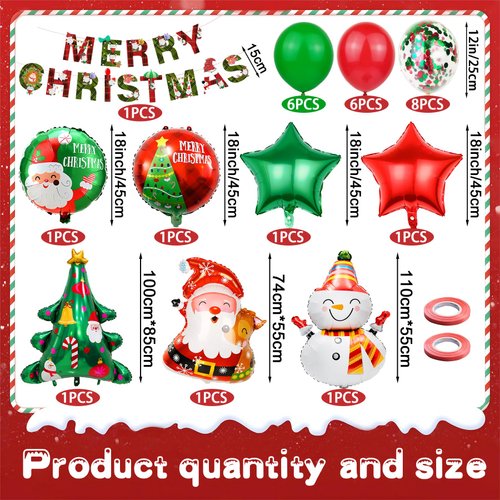 Christmas Party Decorations Supplies, Christmas Balloon Arch kit with White Snowman Christmas Santa Foil Balloon, Christmas Tree Balloons Red Star Balloons for Xmas Party Decorations(Green Red)