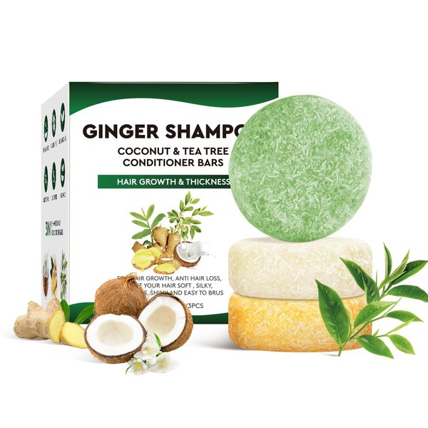 Pubpok Shampoo Bars and Conditioner Set for Hair Growth, Nature Ginger & Tee Tree Shampoo Bar, Coconut Conditioner Solid Soap for Hair Strengthening, Anti Hair Loss, PH Balanced