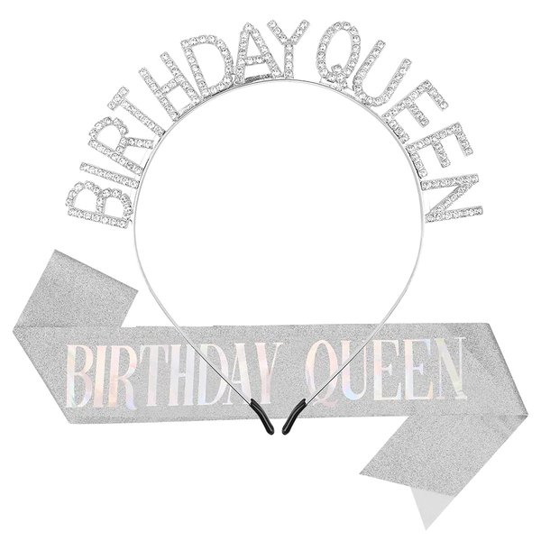 Didder Birthday Crowns for Women, Silver Birthday Queen Sash & Birthday Tiara Set, Birthday Tiara for Women Birthday Crown Princess Crown Rhinestone Birthday Girl Headband Happy Birthday Accessories