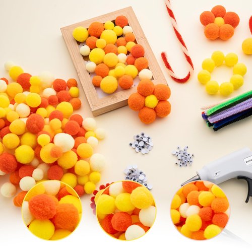 YHMQDU Pom Poms Set 460 PCS Orange Crafts Fuzzy Balls with Glue Gun for Autumn Thanksgiving Christmas DIY Arts and Craft Making Decorations