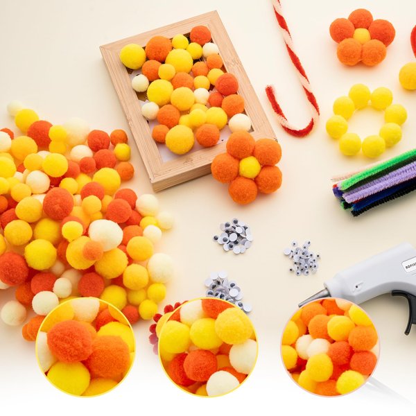 YHMQDU Pom Poms Set 460 PCS Orange Crafts Fuzzy Balls with Glue Gun for Autumn Thanksgiving Christmas DIY Arts and Craft Making Decorations