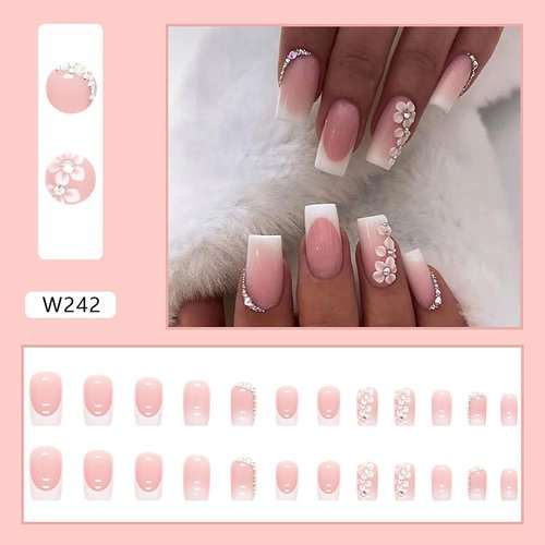 Medium Press on Nails Square Pink White Fake Nails Flowers Designs Stick on Nails Cute False Nails Stick on Nails for Women Girls Nail Decoration
