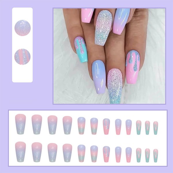 Press on Nails Medium Coffin Fake Nails with Glue Macaron Color Gradient Designs False Nails Glitter Full Cover Stick on Nails Reusable Acrylic Artificial Nails Glue on Nails for Women 24Pcs