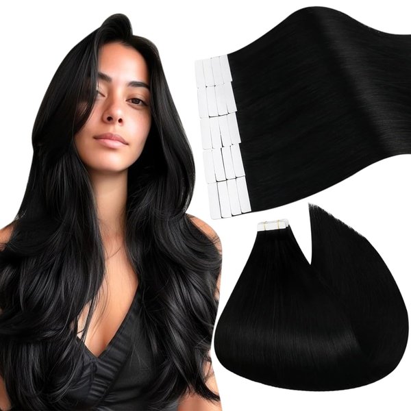 Ugeat Tape in Hair Extensions Human Hair Black Tape in Human Hair Extensions Jet Black Invisible Tape in Extensions Real Human Hair 18inch 20Pcs 50G