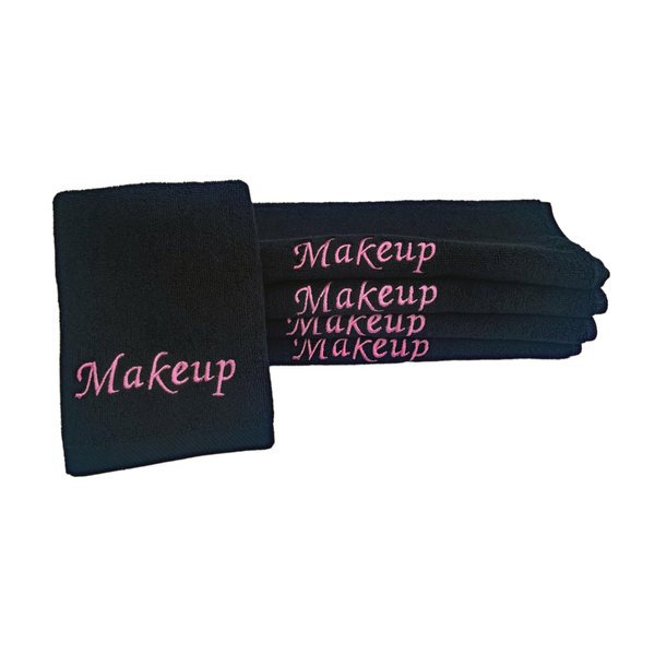 Makeup Remover Eraser Cloths. Reusable towel set. Facial Cleansing washcloths. 100% Cotton. Set of five. (Black & Pink Embroidery, 13 X 13)