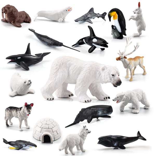 Arctic Ocean Animals Figurines Set 18PCS Christmas Toy Gift Polar Bear Figurine Arctic Fox Figure Penguin Figurines Snow Mold for Kids Toddlers Arctic Fish Figurines Preschool Educational Playset
