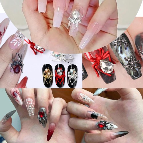 Tyuimhx 18Pcs Halloween Nail Art Rhinestones 3D Alloy Spider Nail Charms Red Pink Gold Black Silver Metal Nail Supplies 6 Colors Crystal Gems Nail Decorations for Women DIY Manicure Crafts Accessories
