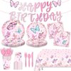 170Pack Butterfly Decorations Disposable Paper Plates Napkins Cups Tablecloth and Banner for Girl Butterfly Decorations, Serve 24 Butterfly Party Decoration