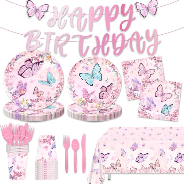 170Pack Butterfly Decorations Disposable Paper Plates Napkins Cups Tablecloth and Banner for Girl Butterfly Decorations, Serve 24 Butterfly Party Decoration