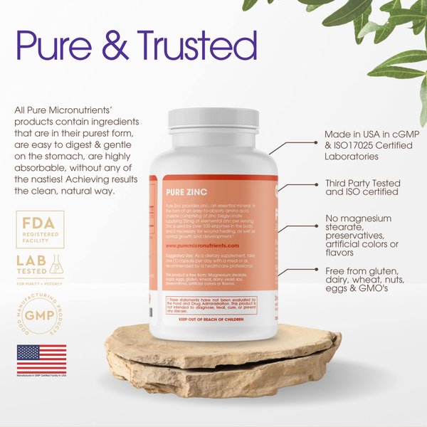 Pure Zinc Supplement, Natural Zinc Glycinate Supplements, (Chelated) 25mg, 120 - Pure Micronutrients