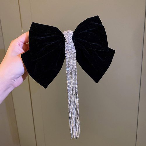 YERTTER Dainty Long Tassel Rhinestone Velvet Bow Hair Clips Set of Clips Hair Tie for Women's and Girls' Hair (Black)
