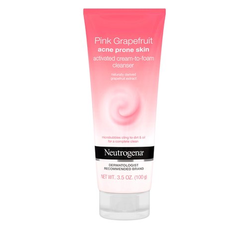 Neutrogena Pink Grapefruit Activated Cream-to-Foam Acne Facial Cleanser with Naturally-Derived Grapefruit Extract for Acne Prone Skin, Oil-Free & Non-Comedogenic Daily Acne Fighting Face Wash, 3.5 oz