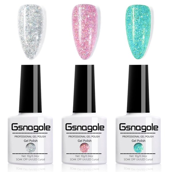 Gsnagole Glitter Gel Nail Polish Set Sparkly 3 Colors Silver Pink Green Gel Polish Kit Soak Off UV Manicure Art DIY Salon Home Holiday Gift for Women (BJJ-Silver-Pink-Green)