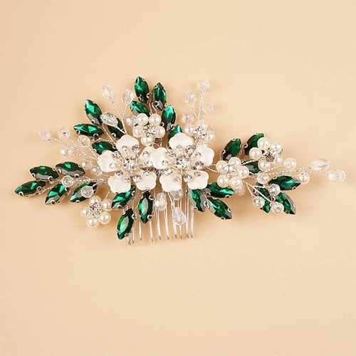 Rumtock Silver Flower Green Crystals Beads Hair Comb for Women Girls Wedding Bridal Hair Piece Hair Styling Jewelry Banquet Prom (Green)